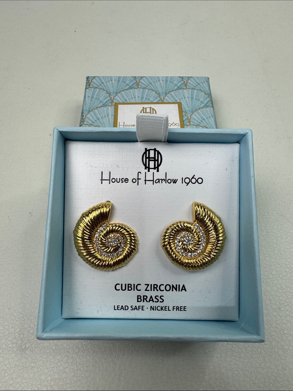 House of Harlow 1960 Gold Spiral Sea Shell Stud Earrings Cubic Zirconia Safe NEW